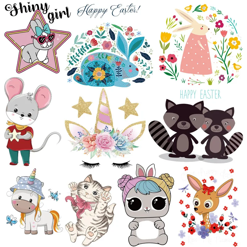 

Rabbit Iron on Transfers Clothes Sticker Patch Cartoon Animals Patch Heat Transfer Vinyl Stripes for Clothes Decors Appliques