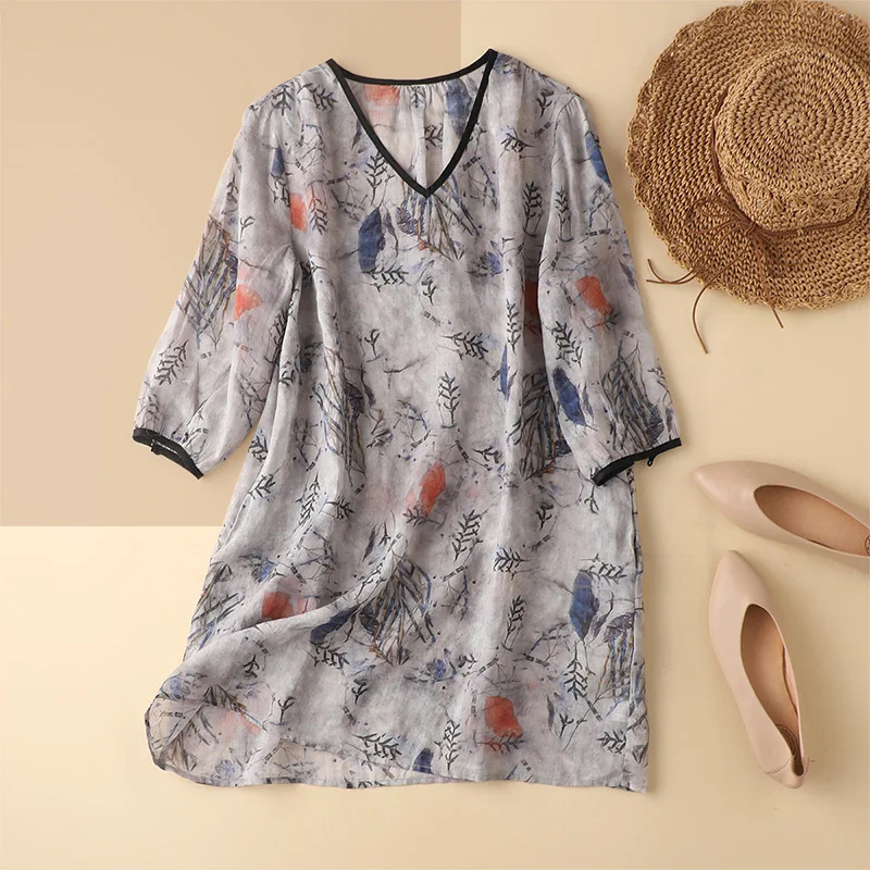 

SHUCHAN Summer Dress Women STREETWEAR Straight Above Knee, Mini V-Neck Ramie Summer 3/4 Sleeve