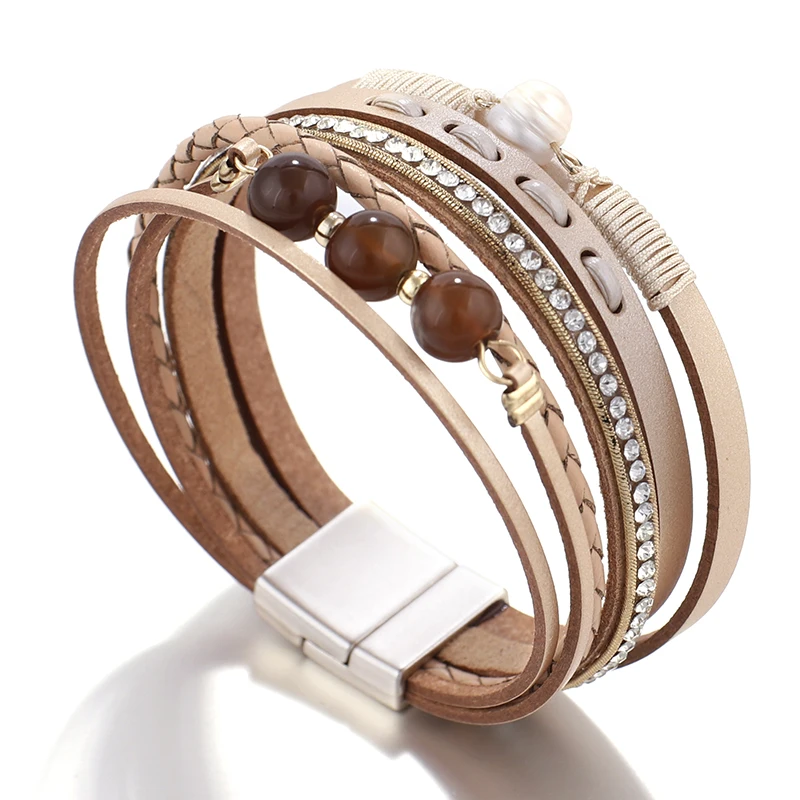 Многослойный Плетеный Кожаный Браслет ALLYES в стиле бохо для женщин|Браслеты с