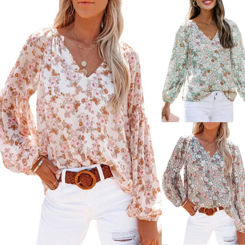 

Chiffon Blouse Women Lantern Sleeve V-neck Blouse Elegant Ladies Fashion Blouse Shirt