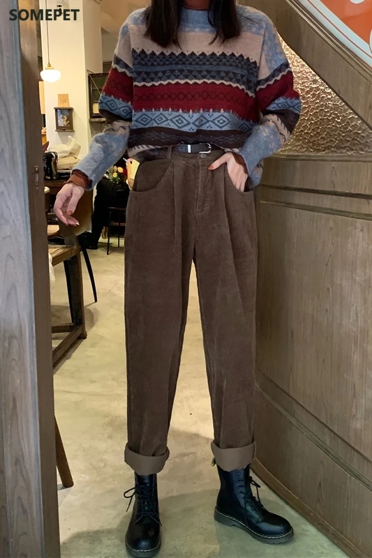 

Autumn and winter Vintage corduroy jeans high waist jeans wide-leg pants women's casual pants