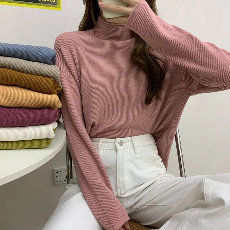 

2020 autumn/winter new of a loose-fitting semi-high round-neck long-sleeved knit sweater top with knitted sweaters