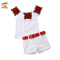2pcsset shorts outfits off shoulder crop infant kids cotton 3d rose flower top denim clothing baby girl clothes