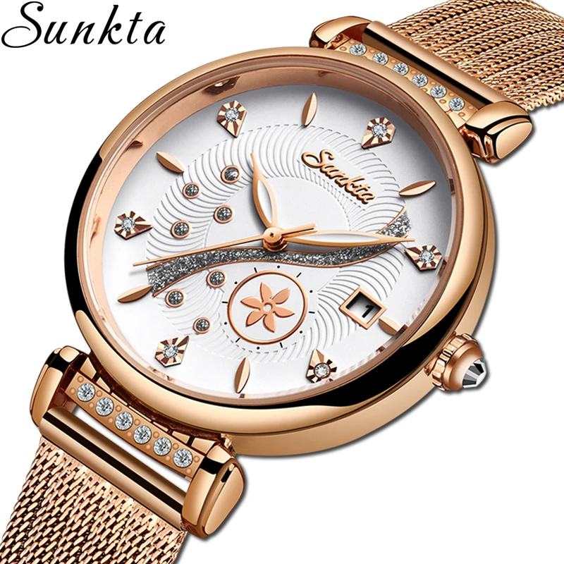 Часы наручные SUNKTA женские кварцевые простые креативные стальные сетчатые под