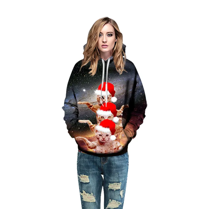 

Unisex Lovely Cats Christmas 3D Digital Print Loose Hooded Sweater Pullover Women Men Xmas New Year Baseball Sweatshirt Hoodie