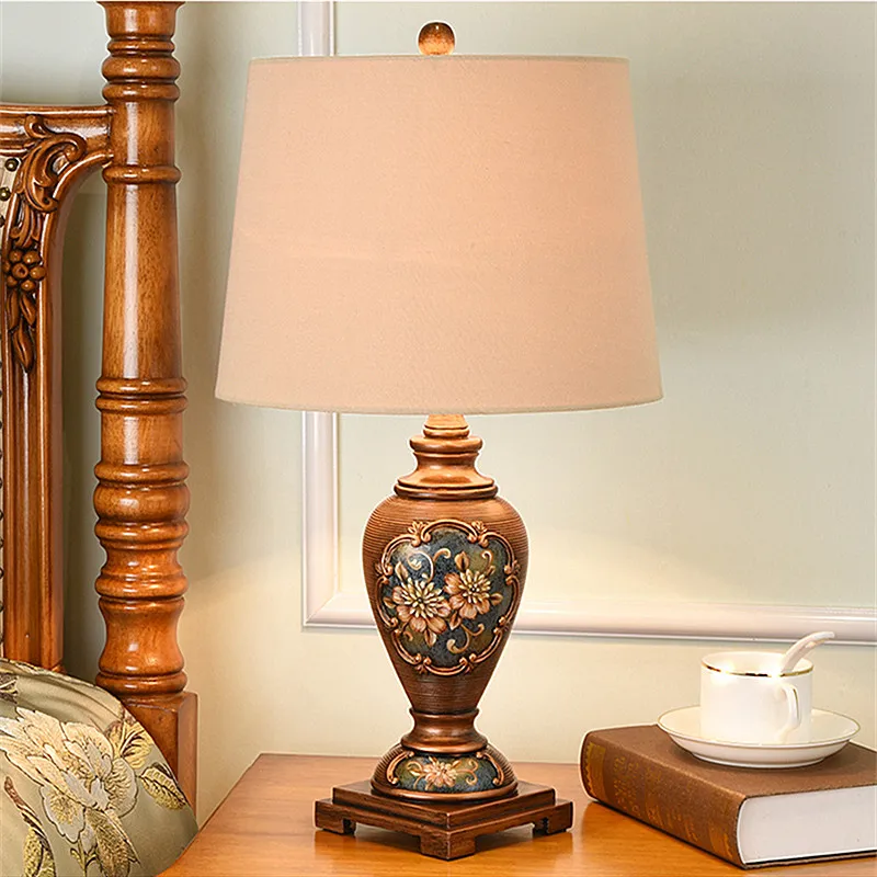 

European rural painted resin art brown Table Lamps American Classic dimmer switch fabric lamp for bedside&foyer&studio LBO017