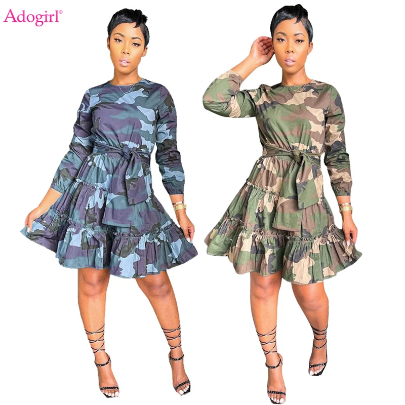 

Adogirl Camo Print Mini Cake Dress Women Fashion Slim Sashes Bandage Long Sleeve A Line Flare Casual Vestidos Autumn Clothing