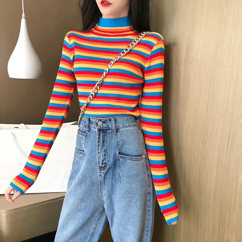 Winter Rainbow Knitted Women Sweaters And Long Sleeve Casual O-Neck Pullovers Sueter Mujer Tops Striped Turtleneck Jumper | Женская