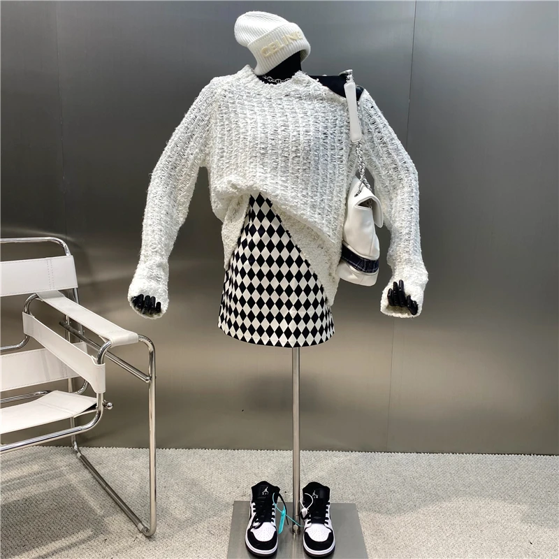 

New Zipper Diagonal Off Shoulder Hollow Out Knitted Lazy Wind Loose Front Short Back Long Fashion Sweater