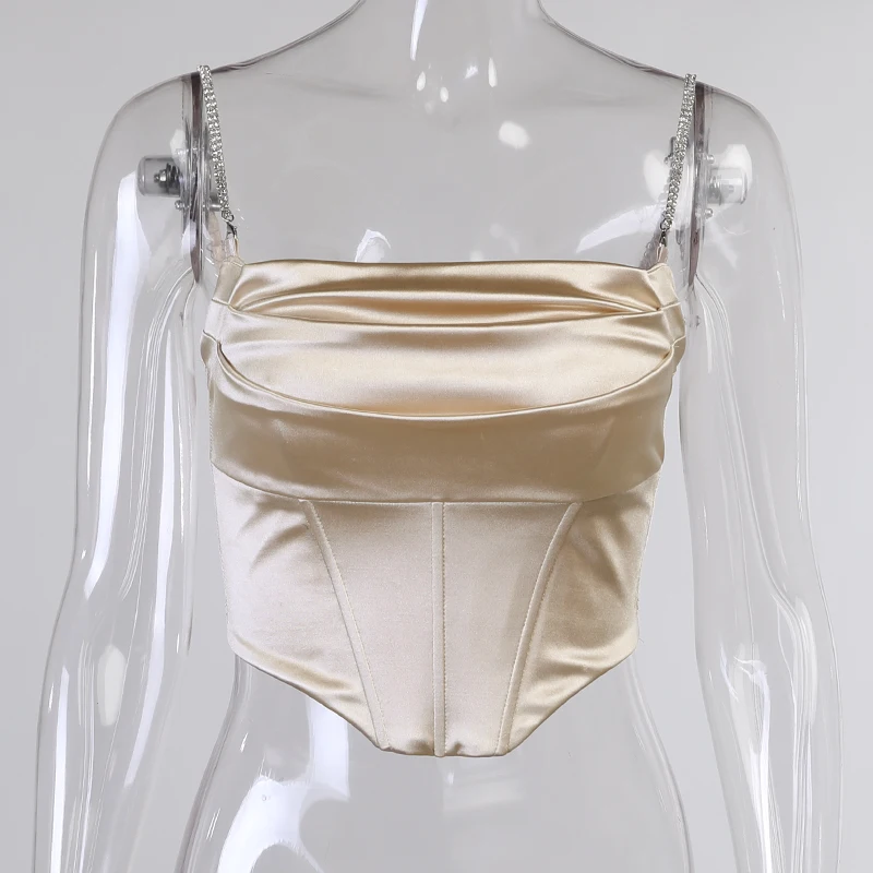 

CHOHILL Crystal Diamante Cropped Bustier Cami Top Stacked Satin with Full Lined Women Sexy Club Wear Outfits Corset Tops