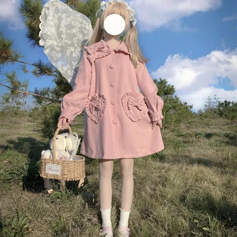 Японский Элегантный дизайн милое зимнее пальто Kawaii воротник Питер Пэн бант