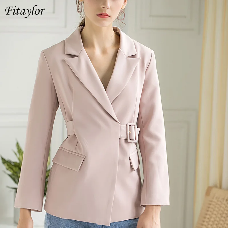 

Fitaylor Personalized Lace Up Blazers Women Autumn Pink Casual Office Lady Outwear Long Sleeve Slim Beige Notched Ladies Tops