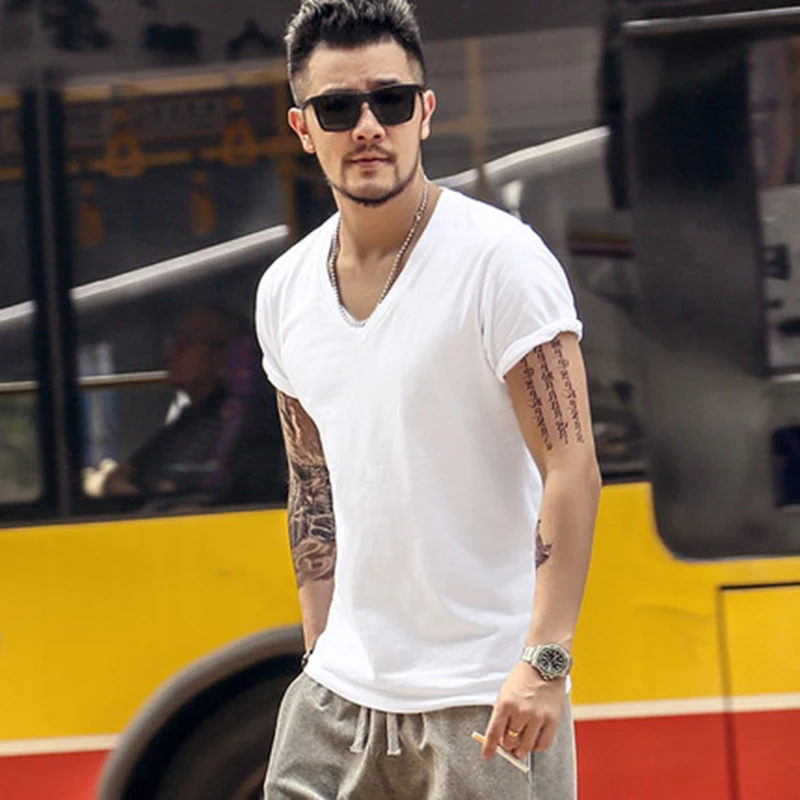 Мужская хлопковая футболка с коротким рукавом V образным вырезом|Мужские