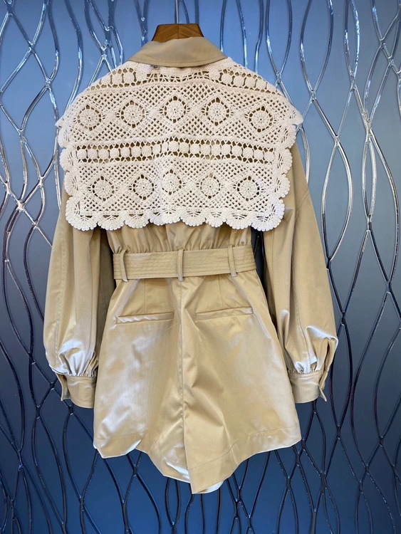 

2021 spring and summer new women's lapel water-soluble hollow color matching shawl stitching lace-up waist fashion jumpsuit 315