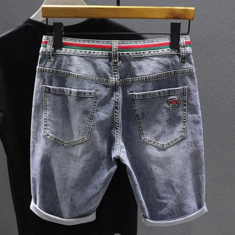Men Blue Denim Shorts Jeans Stretch Elastic Jeans Shorts Hight Quality Male Cotton Straight Fit Jeans Shorts Thin Holes Jeans