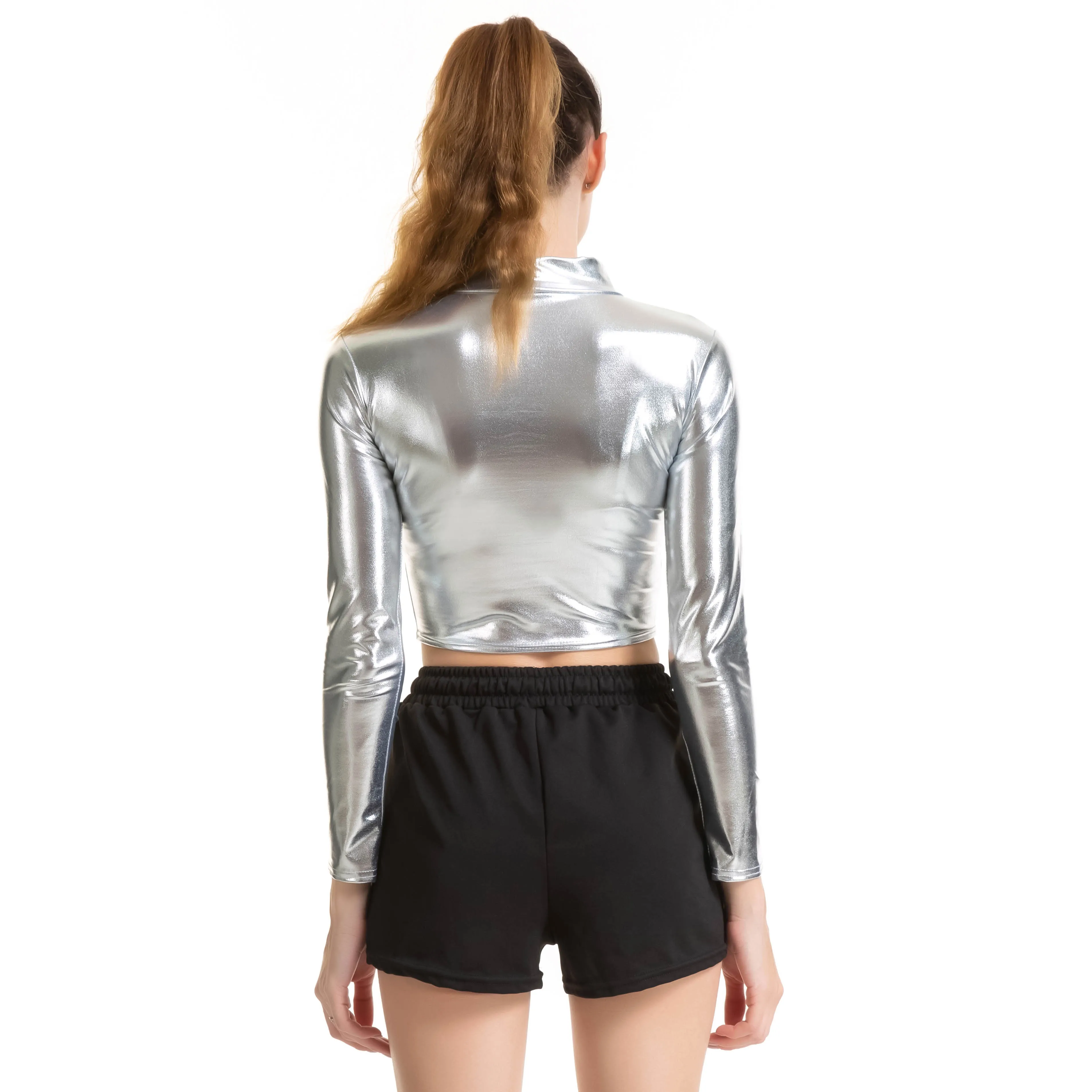 Женское блестящее боди с длинным рукавом и высоким воротником| |