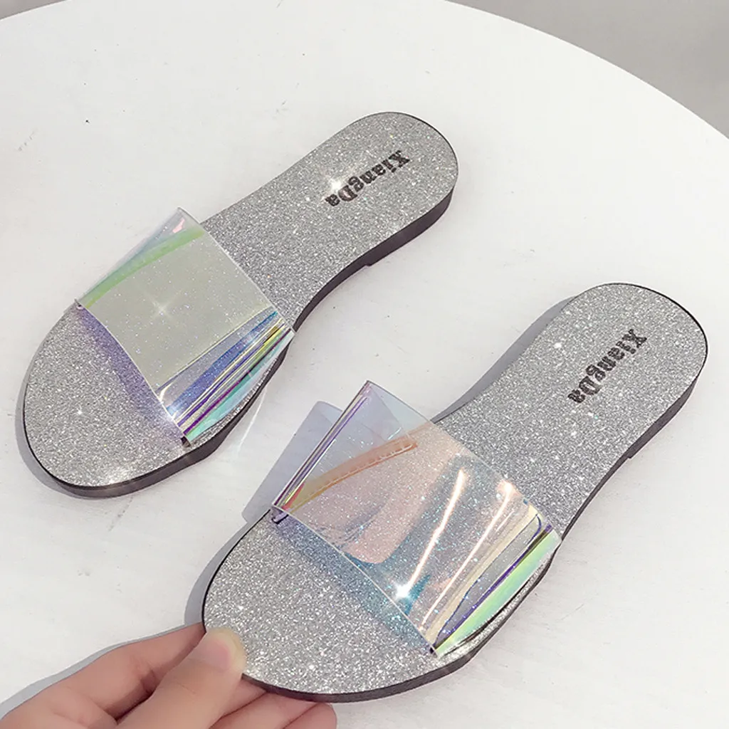 

Summer Women Flat Slippers Ladies Transparent Shoes Women Sequins Slides Female Open Toe Flip Flops Non-slip beach Slides