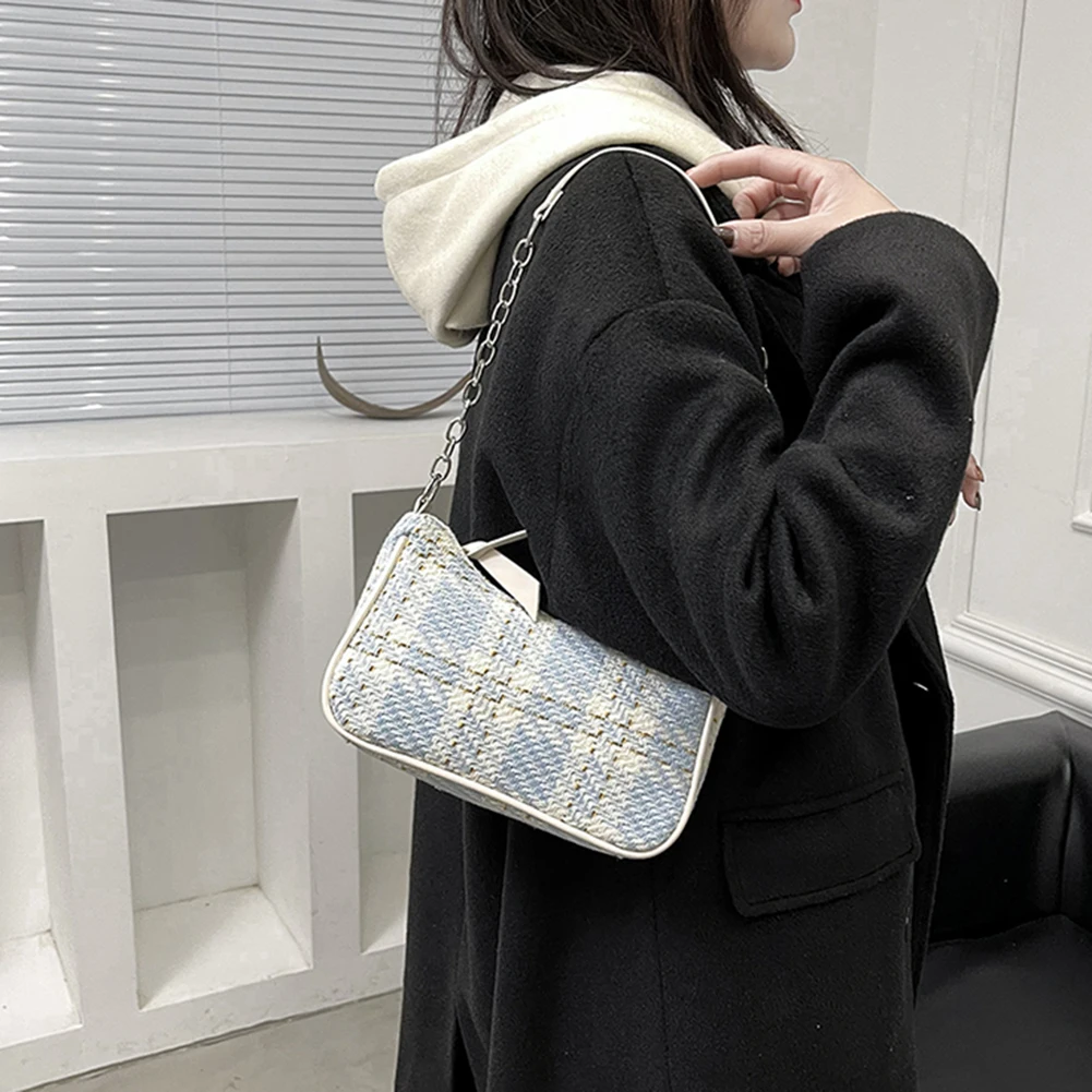

Модная женская сумка-шоппер, сумочка из шерстяной ткани в клетку, с цепочкой и полумесяцем, винтажная универсальная сумка на плечо