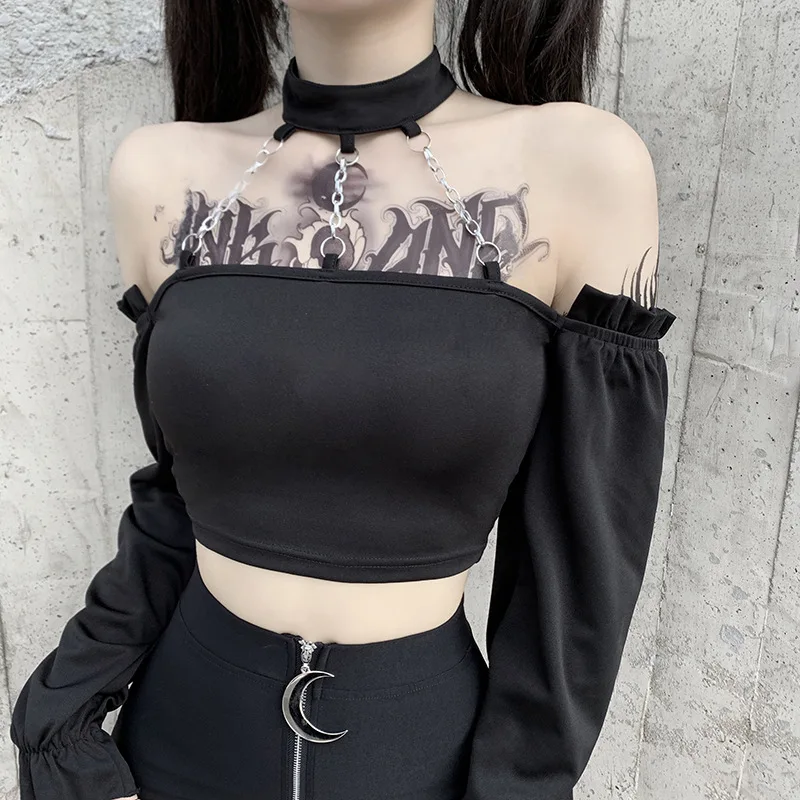 

Gothic Dark Style Design Personality Chain Halter Top Autumn Women's Long-sleeved Slash Neck Word-neck Black Short T-shirt