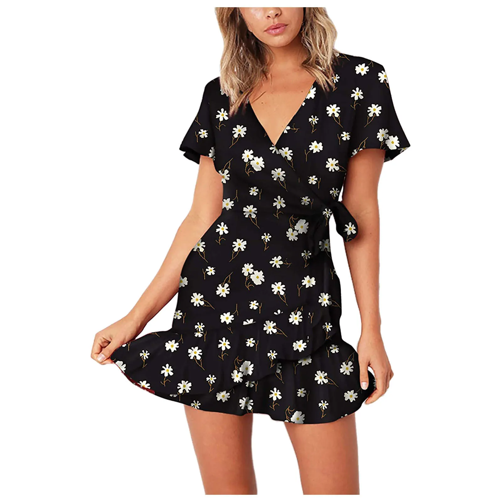 

Women's Summer Dress Short-sleeved V-neck Casual Butterfly Lace-up Ruffle Dress Fashion Comfy High Quality Sexy Dresses Vestidos
