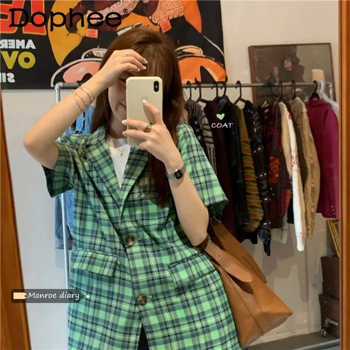 

Retro Plaid Suit Jacket for Women 2021 Spring and Summer New Fashion Short Sleeves Blazer All-match Elegant Straight Coats