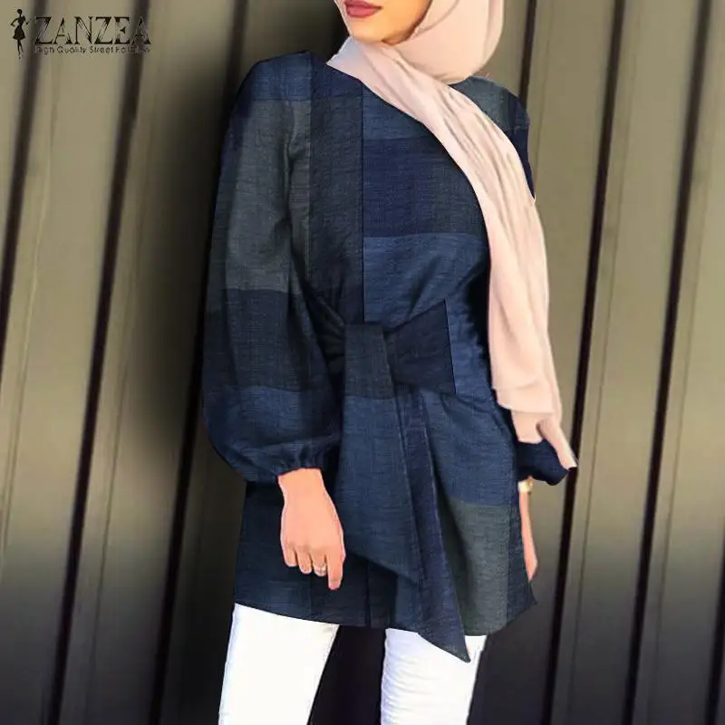 

Асимметричная женская блузка ZANZEA в мусульманском стиле, весна 2021, Женская клетчатая блузка на шнуровке, повседневные свободные блузки Kanftan ...