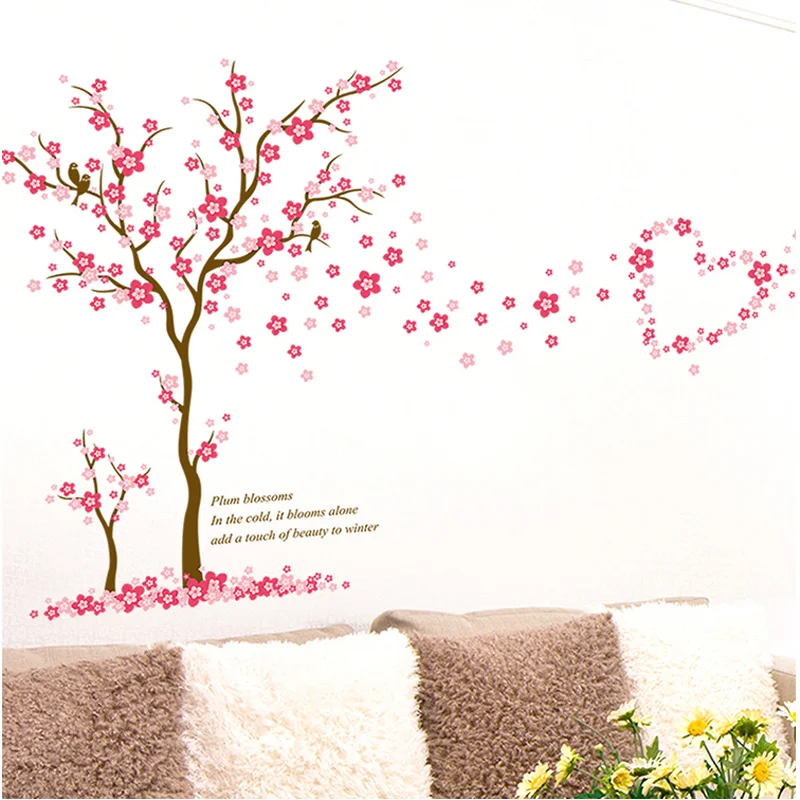 3D Pink Plum Flower Tree Love Wall Stickers PVC Living Room Bedroom Background Decoration Mural Art Decals Home Decor Sticker | Дом и сад