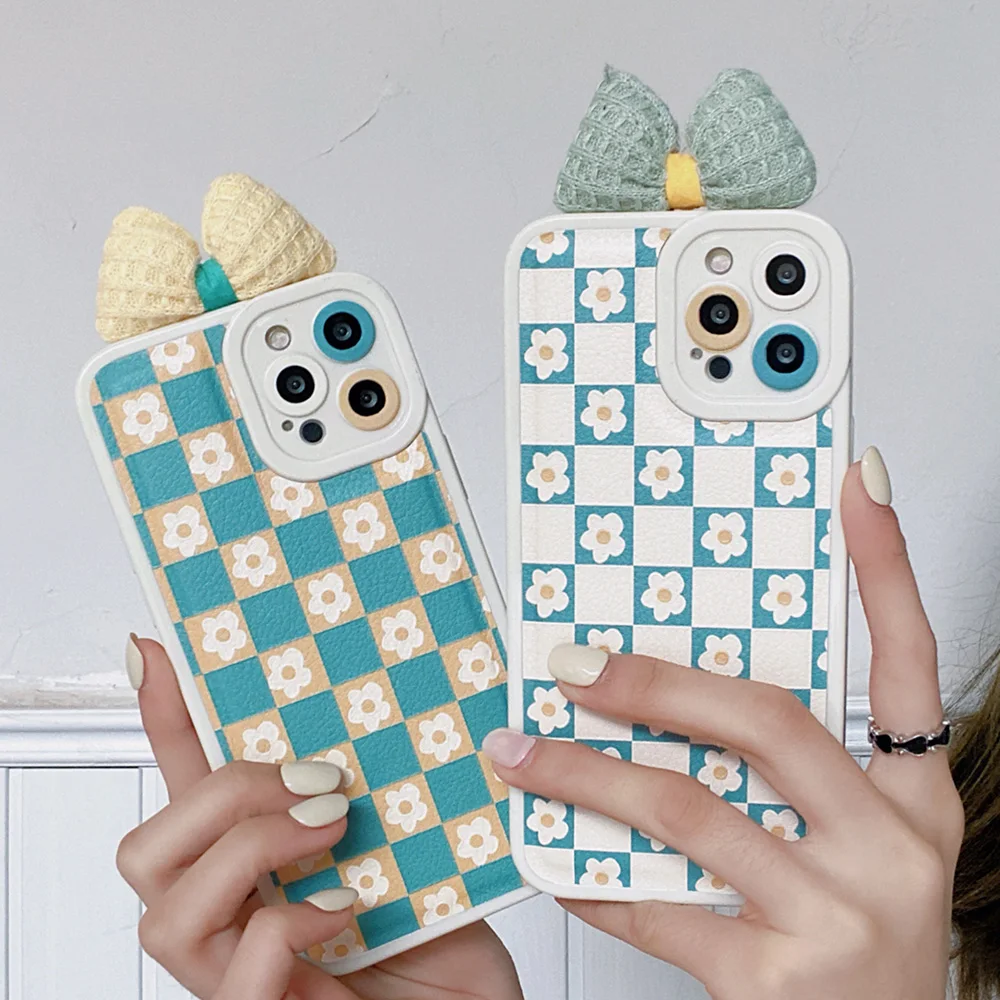 

For iPhone 13 Pro Max Case INS Lattice Flower Bowknot Phone Case For iPhone 11 12 Pro Max XS Max XR 7 8 Plus Leather Soft Bumper