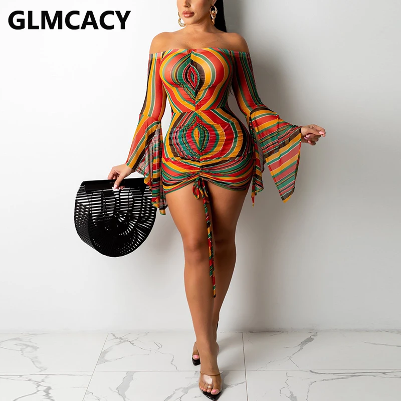 

Women Flare Sleeve Slash Neck Bodycon Mini Dress