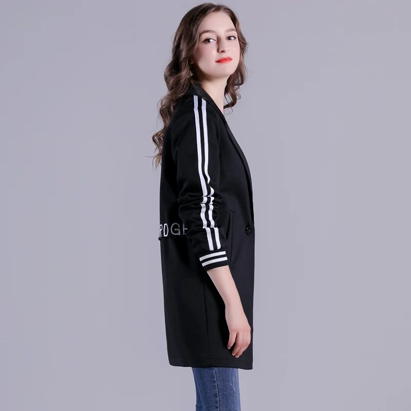 Черный Повседневный Блейзер Свободное пальто женский длинный стиль