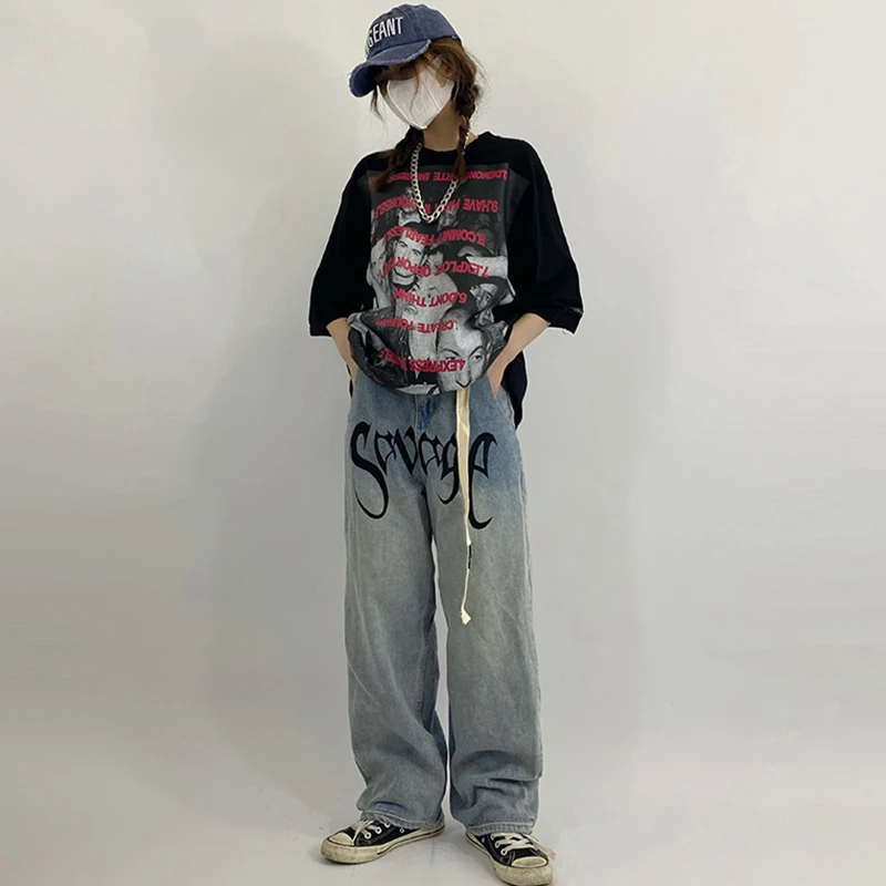 

SHENGPALAE Streetwear Hip Hop With Belt Embroidery Jeans Women's Spring 2021 New High Waist Loose Stright Wide Leg Denim Pants