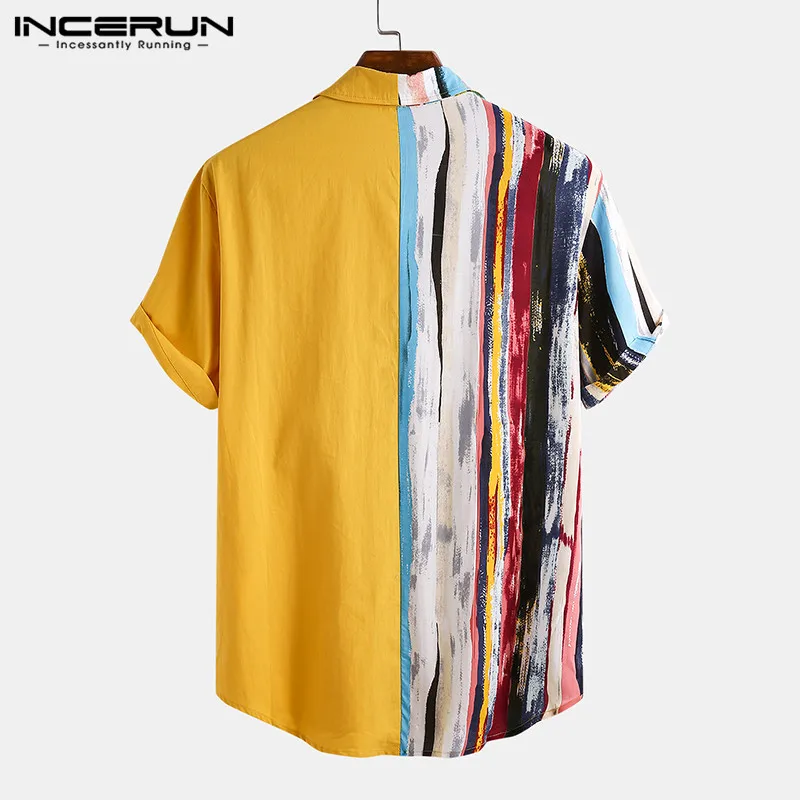 INCERUN Men Fashion Striped Patchwork Shirts Casual Short Sleeve Lapel Printed Shirt Summer Loose Holiday Hawaiian Camisa S-3XL7 | Мужская
