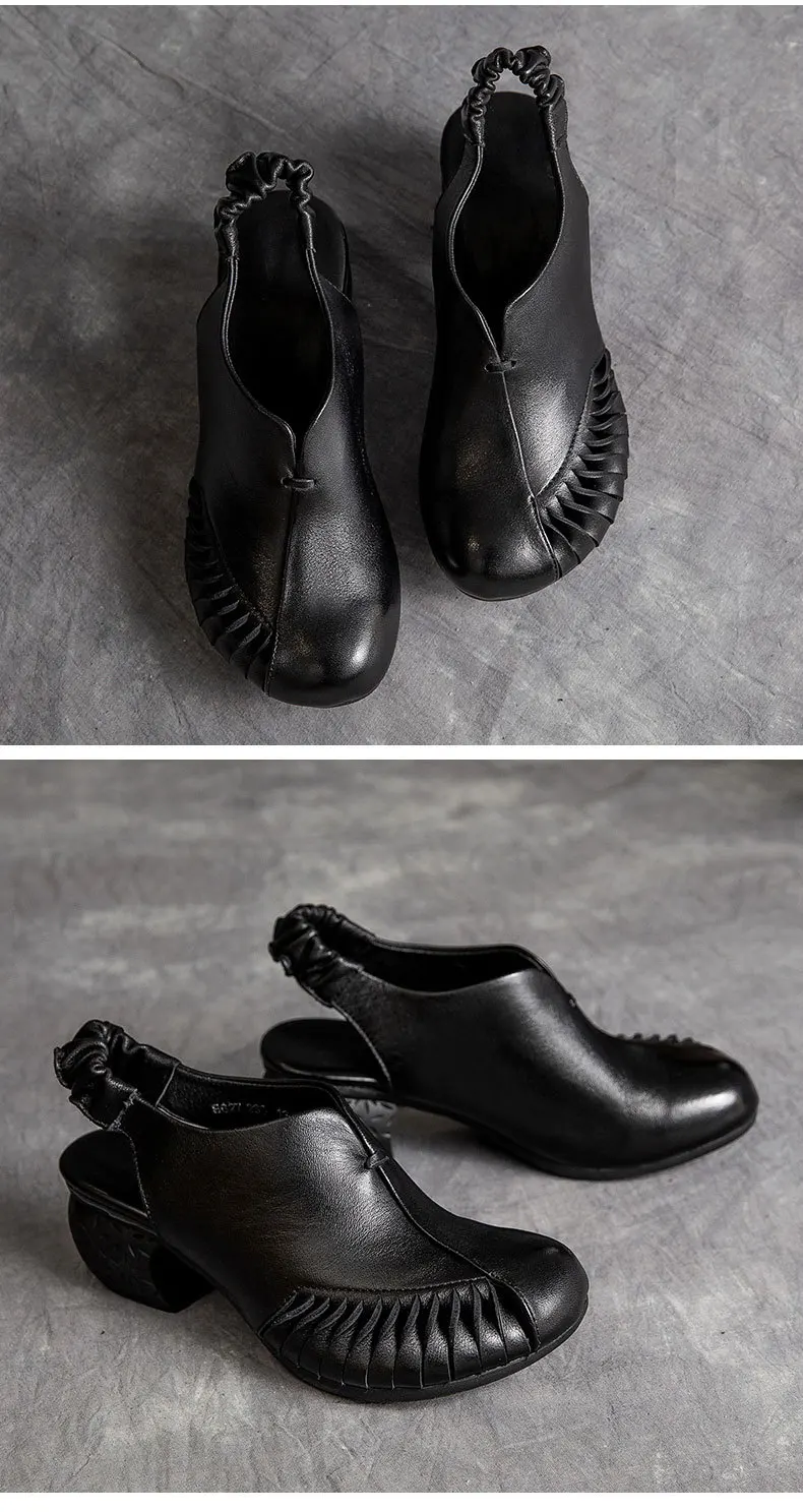 

2021 Summer Genuine Leather Thick Heel Round Toe Solid Color Hollow Retro Baotou Ladies Low Cut Sleeve Casual Sandals