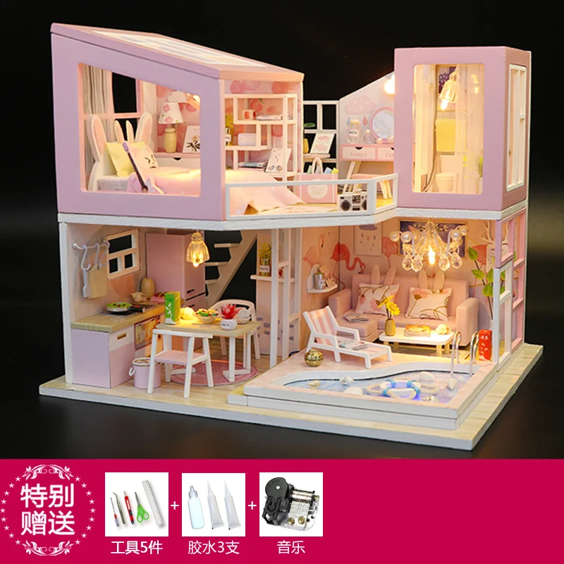 

Princess Villa Doll House Furniture Set DIY Wooden Window Light Doll House Sofa Bedroom Poppenhuis Miniaturen Kids Toys DG50DH