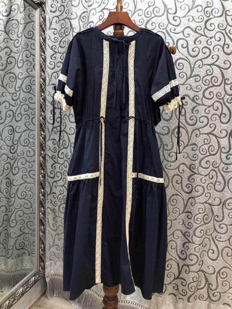 

100%Cotton Dress 2020 Summer Style Women Stripe Lace Patchwork Drawstring Deco Short Sleeve Mid-Calf White Dark Blue Dress
