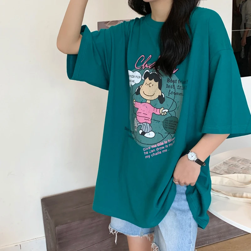 

Summer letter cartoon printing loose short-sleeved T-shirt women's bottoming shirt all-match casual top women