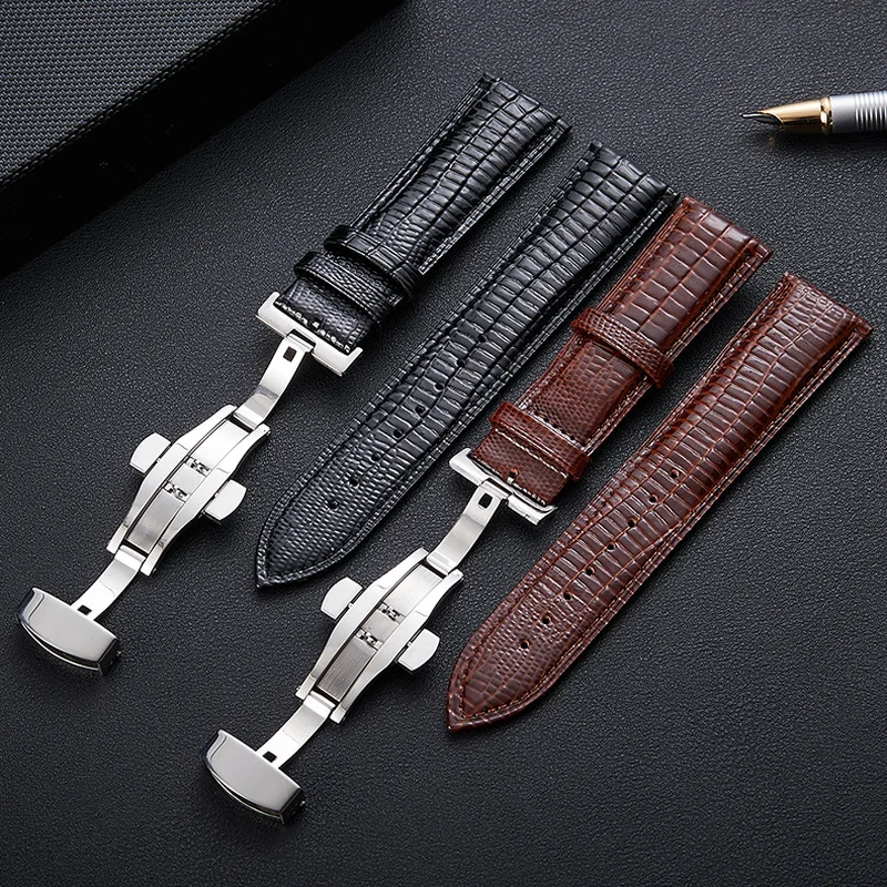Lizard Texture Butterfly Buckle Leather Watchband Leather Watch Strap Universal Watch Band 14mm 16mm 18mm 20mm 22mm 24mm