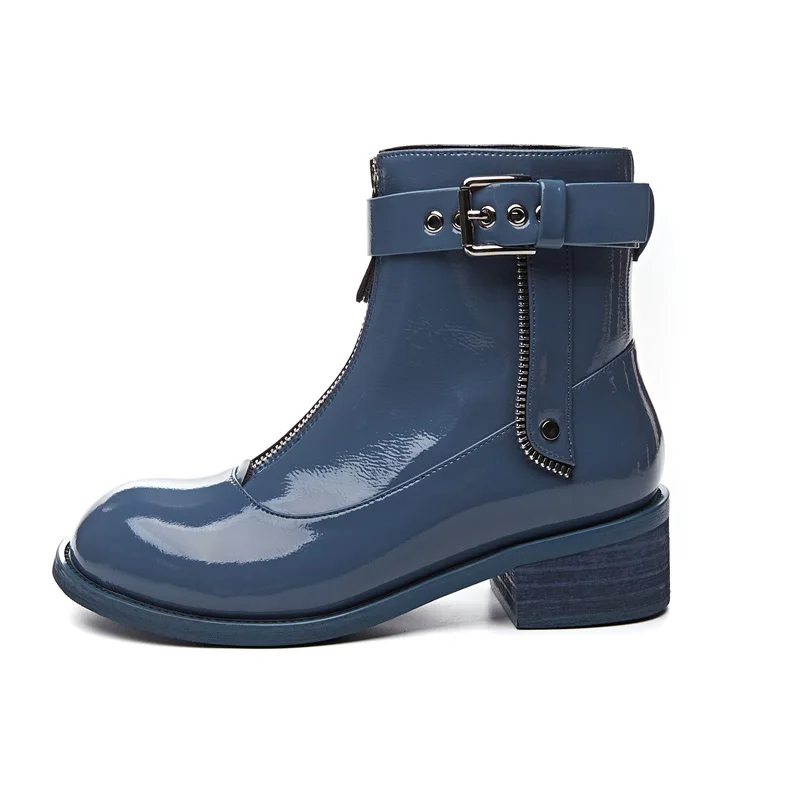 

ZVQ Patent Leather Riding Boots Leather Autumn Winter Motorcycle Boots Cool 4.5cm Mid Heels women's Shoes Woman Boots