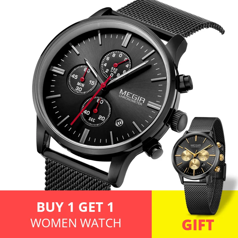 Reloj Hombre MEGIR Роскошные Брендовые Часы для мужчин золотой цвет хронограф кварцевые часы для влюбленных человек набор часов Montre Homme Relogio Saat - Цвет: Black
