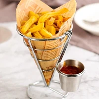 stainless steel french fries stand with double sauce snacks display pizza cone holder fries baskets sauce salad cup kitchen tool