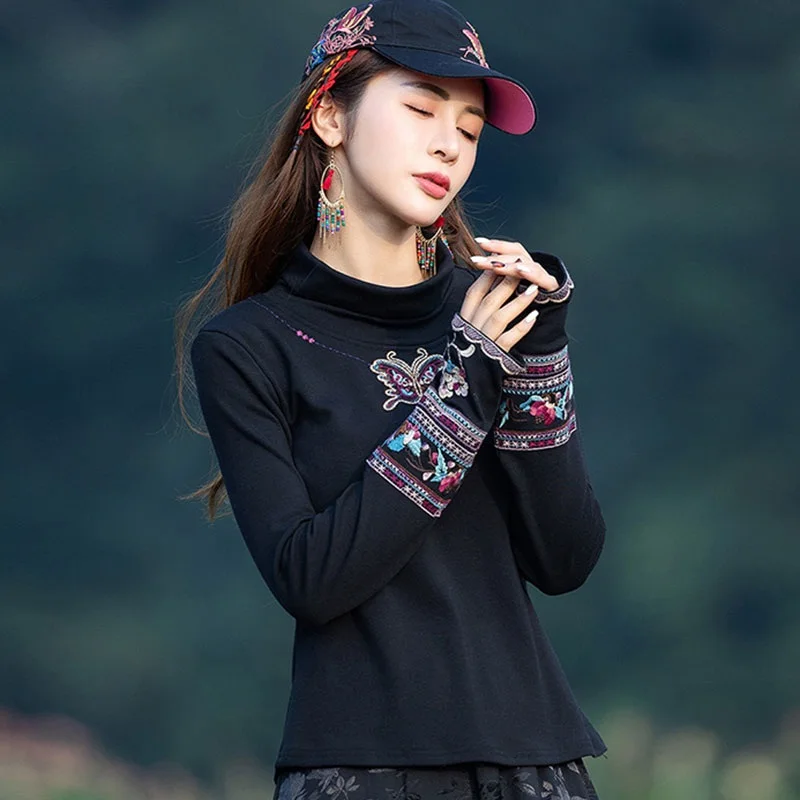 Топ в китайском стиле для девушек из леса Готическая винтажная черная водолазка