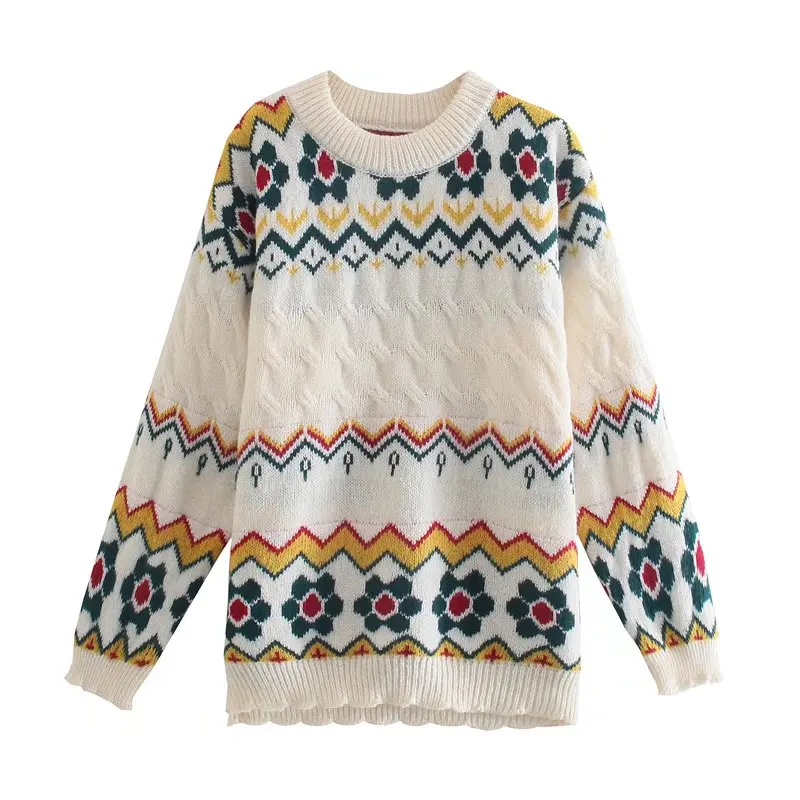 

Flowers Jacquard Sweater Women Korean Casual Autumn Knitted Jumpers Female Long Sleeve O Neck Vintage Thicken Knitwear ST9910