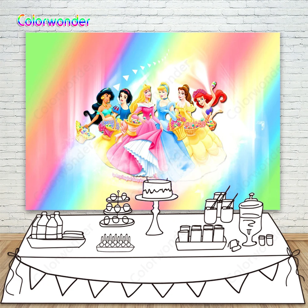 Фон для фотосъемки с изображением принцесс из мультфильма неоновый красочный