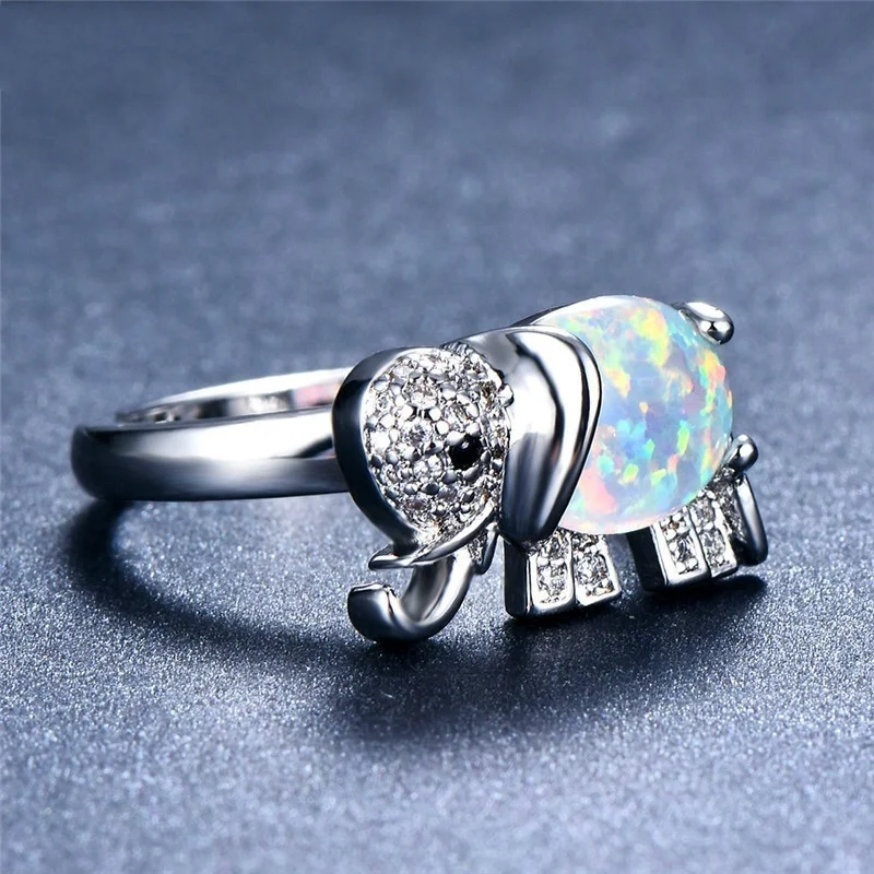 

New Fashion Exquisite Blue and White Opal Elephant Shape Ring Female Wedding Anniversary Gift Party Banquet Jewelry Wholesale