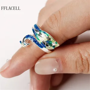 FFLACELL Fashion Classic Noble All-match Blue Peacock Adjustable Open Ring Female Party Jewelry Gift