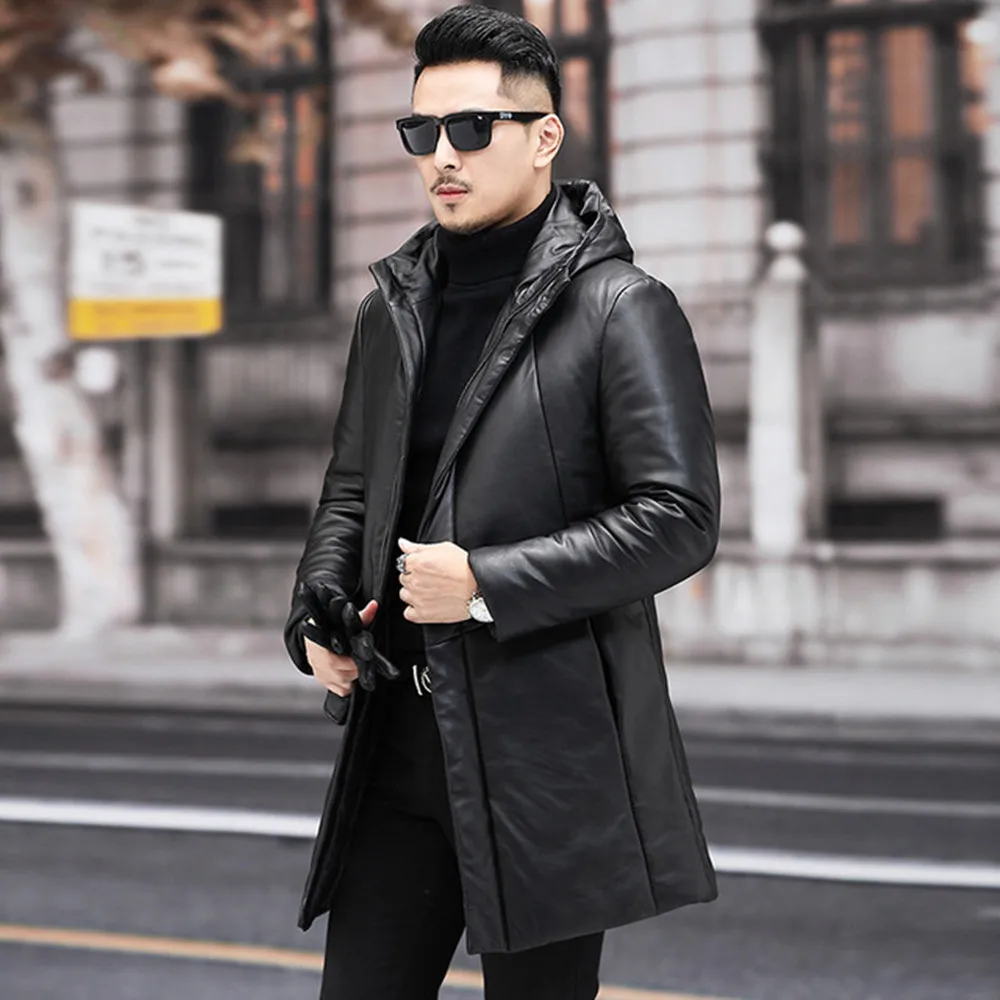 

New Genuine Leather Jacket Men's Hooded Down Coat Youth Mid-length Slim Winter Thick Leather Jacket