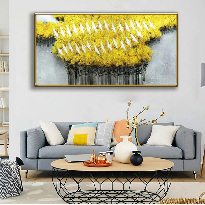 

Cheap Pure Handmade canvas Abstract oil painting Yellow trees and birds wall art picture for living room home decor no framed