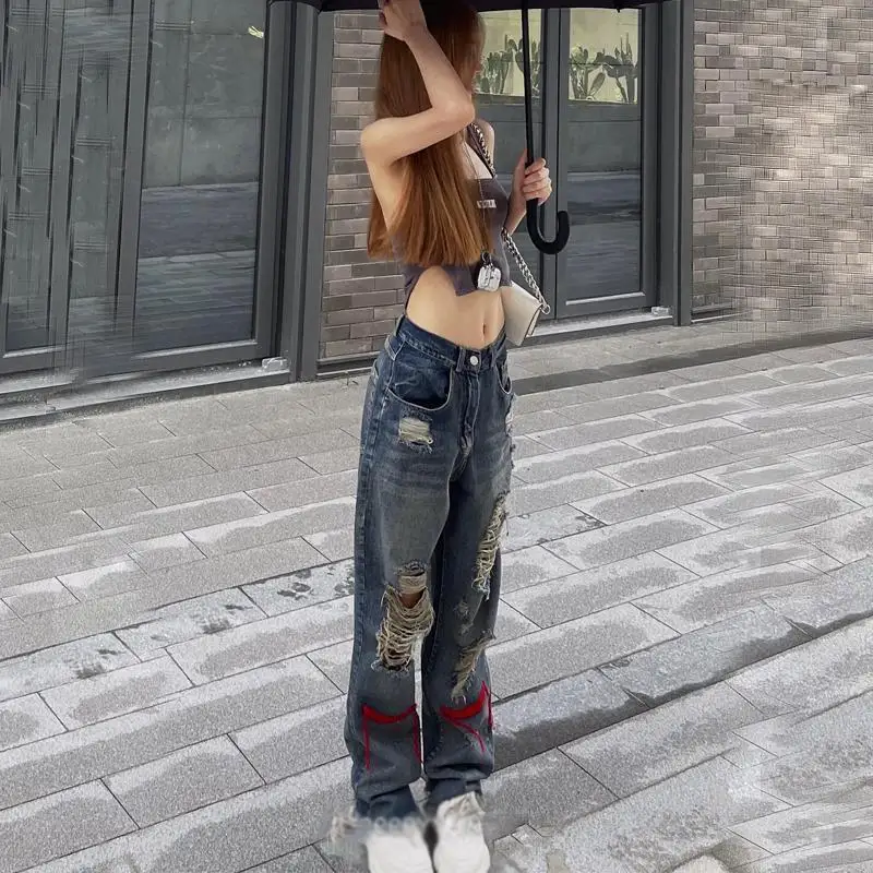 Vintage Ripped Jeans Denim Hippie Pants Hip Hop Do Old Straight Leg Women Low Waist Grunge Hole Streetwear y2k | Женская одежда