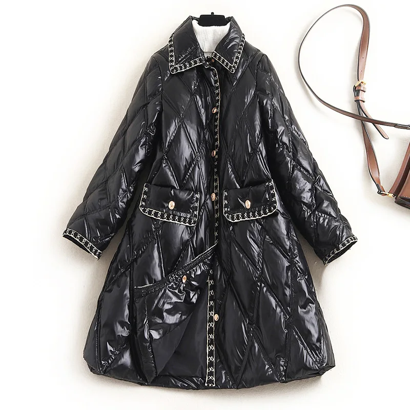 

High Quality Women's Fashionable Warm Lapel 2020 Winter Plus Size Plaid New Patch Pocket Long Down Coat Jacket