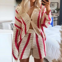 womens knitted suits long sleeve y2k cardigan red stripe loose sweater v neck two piece sets 2021autumn winter fashion casual